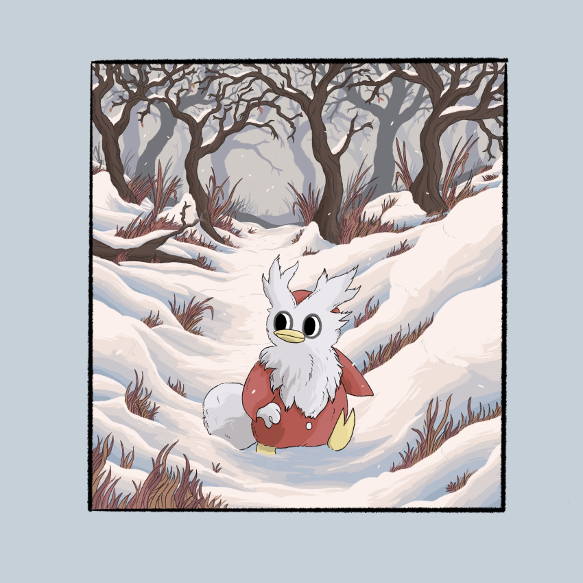 absurdres delibird fog forest grass highres nature pokemon pokemon_(creature) snow snowing thetimecowboy tree walking