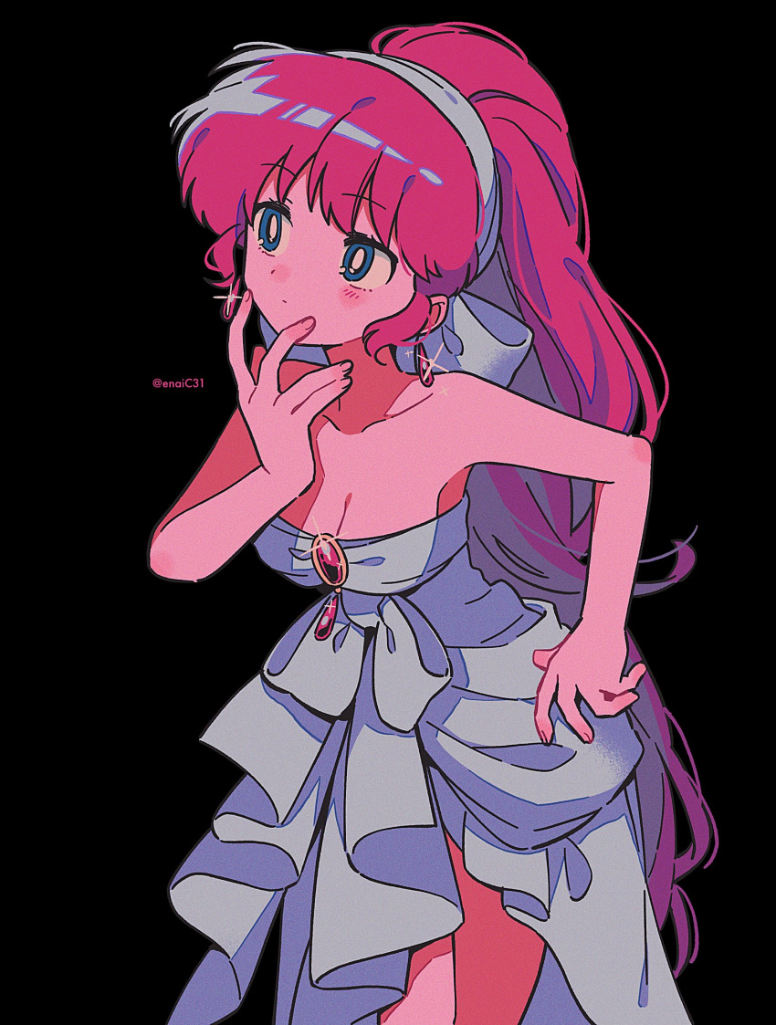 1girl artist_name black_background blue_dress blue_eyes blush_stickers breasts closed_mouth dress earrings highres jewelry menma_(enaic31) ranma-chan ranma_1/2 simple_background solo twitter_username
