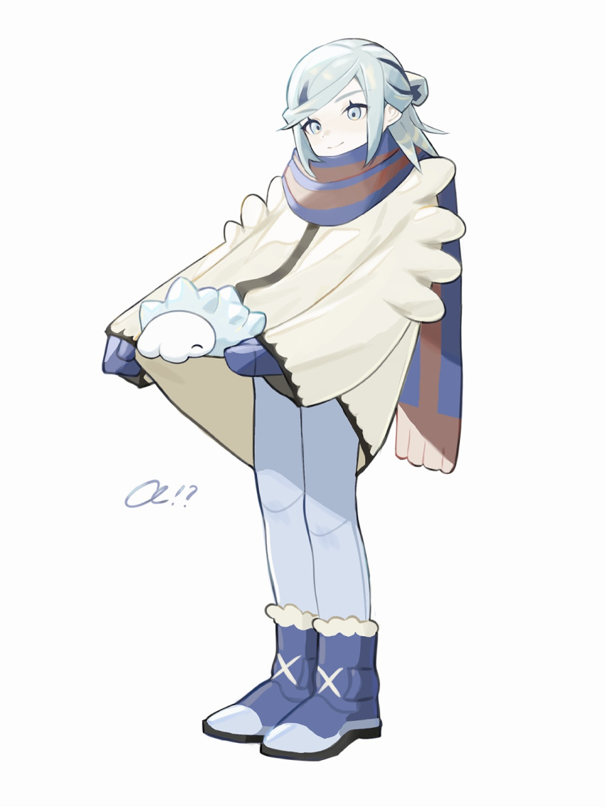 1boy blue_footwear blue_mittens boots closed_mouth commentary_request eyelashes green_eyes green_hair grusha_(pokemon) happy highres jacket jacket_lift lifted_by_self long_sleeves looking_down male_focus pants pokemon pokemon_(creature) pokemon_(game) pokemon_sv sameniku_umai scarf smile snom standing striped striped_scarf white_background yellow_jacket