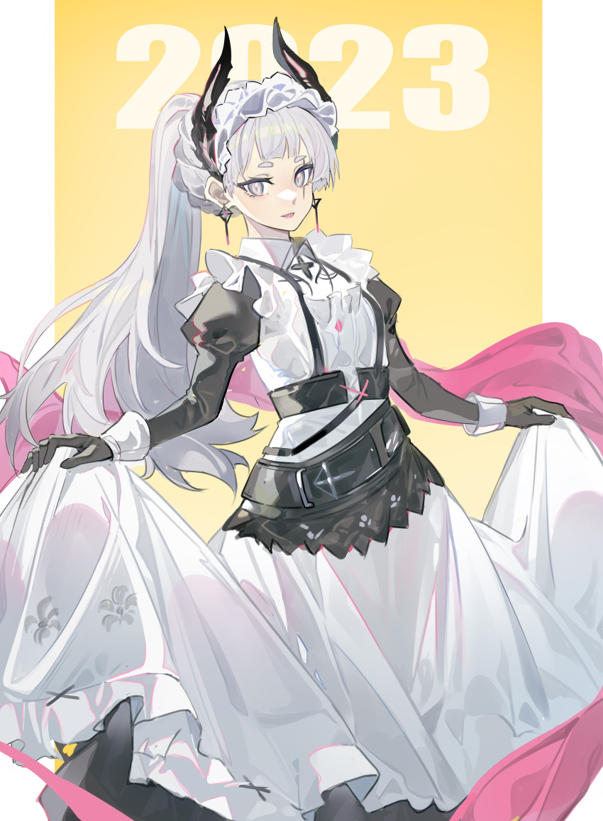 1girl 2023 absurdres arknights belt clothes_lift commentary cross cross_earrings dated dress dress_lift earrings echj gloves grey_eyes grey_hair highres irene_(arknights) irene_(voyage_of_feathers)_(arknights) jewelry lifted_by_self long_hair looking_at_viewer maid maid_headdress official_alternate_costume ponytail scar scar_across_eye solo very_long_hair