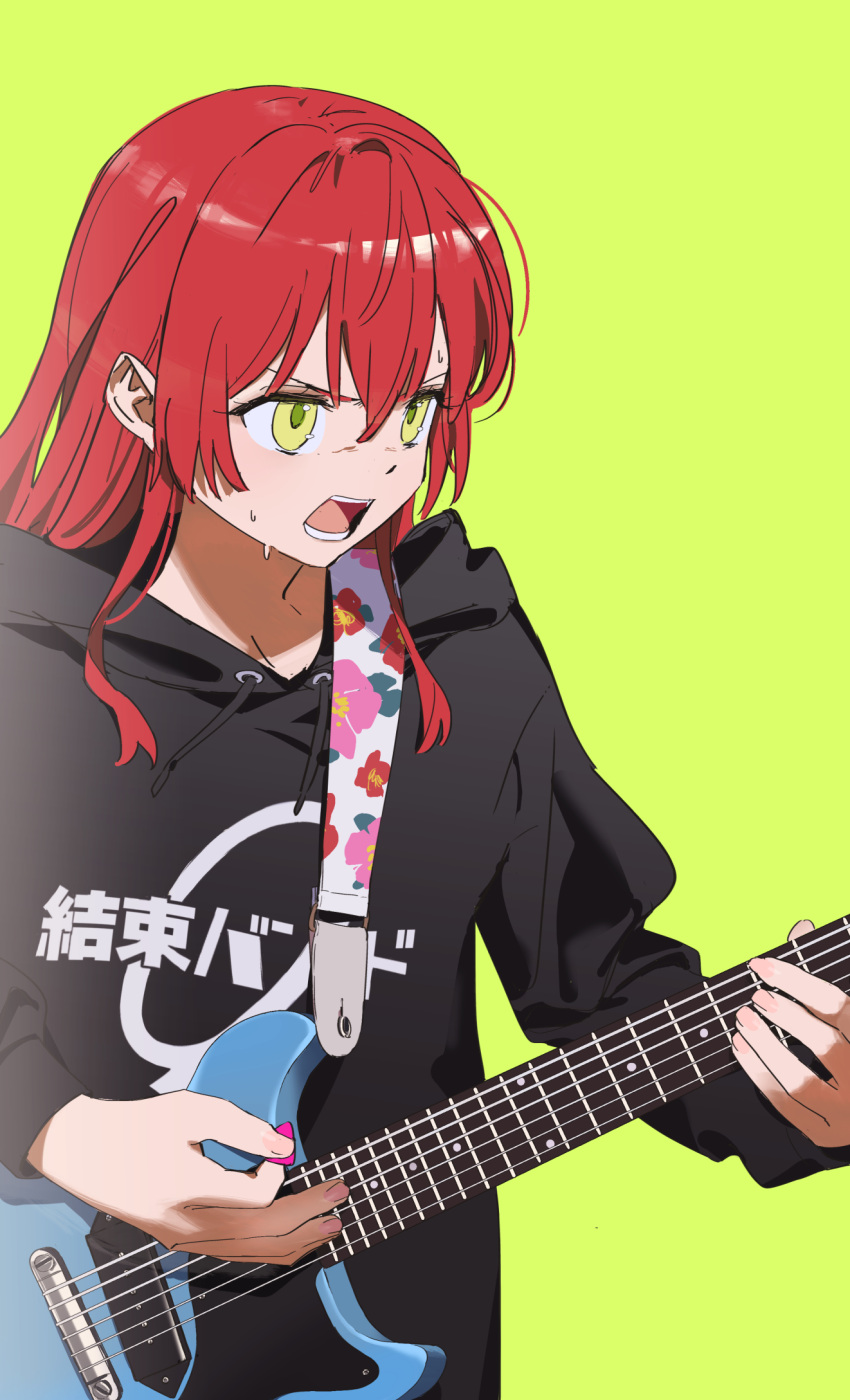 1girl black_hoodie bocchi_the_rock! commentary electric_guitar glaring green_background guitar highres holding holding_instrument holding_plectrum hood hood_down hoodie instrument kita_ikuyo long_hair long_sleeves looking_ahead music open_mouth playing_instrument plectrum print_hoodie redhead simple_background solo sweat symbol-only_commentary upper_body v-shaped_eyebrows yamamura_saki yellow_eyes