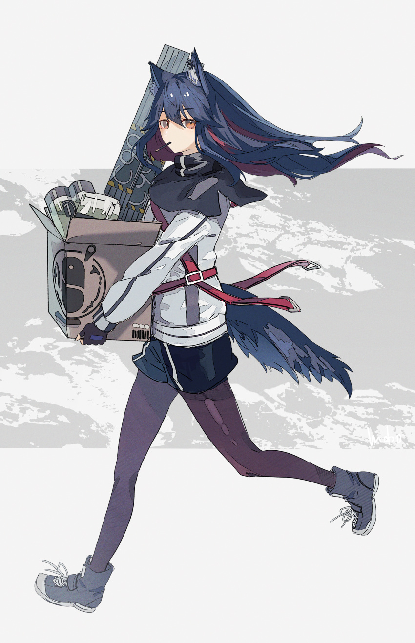 1girl absurdres animal_ear_fluff animal_ears arknights black_gloves black_pantyhose black_shorts blue_eyes blue_footwear box colored_inner_hair commentary fingerless_gloves food_in_mouth full_body gloves grab_pigeon hair_between_eyes highres holding holding_box jacket long_hair looking_at_viewer multicolored_hair orange_eyes pantyhose purple_hair shoes shorts solo tail texas_(arknights) walking white_jacket
