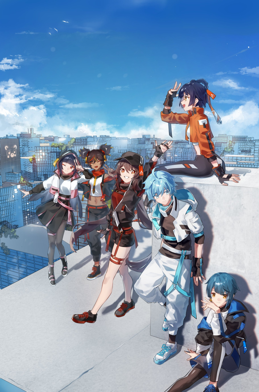 2boys 4girls absurdres alternate_costume arm_support arm_up asymmetrical_bangs belt black_gloves black_headwear black_jacket black_shirt black_shorts blue_eyes blue_hair blue_sky blunt_bangs braid brown_hair building chongyun_(genshin_impact) city cityscape closed_eyes crop_top cropped_jacket dark-skinned_female dark_skin earrings eyeshadow fingerless_gloves flower-shaped_pupils genshin_impact gloves grape_(pixiv27523889) guoba_(genshin_impact) hair_rings highres hime_cut hood hoodie hu_tao_(genshin_impact) jacket jewelry leg_up light_blue_hair looking_at_viewer makeup multicolored_hair multiple_boys multiple_girls navel on_roof one_eye_closed open_mouth orange_eyes outdoors pants pantyhose_under_shorts red_belt red_eyeshadow rooftop shirt shoes short_shorts shorts single_earring sitting sitting_on_roof skiet skirt sky smile sneakers streaked_hair symbol-shaped_pupils thigh_strap track_pants v white_hoodie white_shirt xiangling_(genshin_impact) xingqiu_(genshin_impact) xinyan_(genshin_impact) yellow_eyes yun_jin_(genshin_impact)