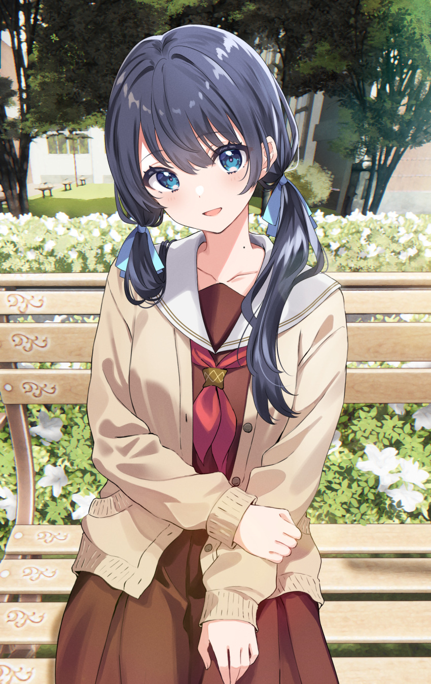 1girl bench blue_eyes blue_hair blush brown_shirt brown_skirt building bush buttons cardigan collarbone cowboy_shot day dot_nose hair_between_eyes head_tilt highres holding_own_arm long_bangs long_hair long_skirt long_sleeves looking_at_viewer love_live! low_twintails mole mole_on_neck murano_sayaka neckerchief open_cardigan open_clothes open_mouth outdoors park_bench pleated_skirt red_neckerchief sailor_collar school_uniform serafuku shiokazunoko shirt sitting skirt sleeve_cuffs sleeves_past_wrists smile solo tree twintails virtual_youtuber white_sailor_collar