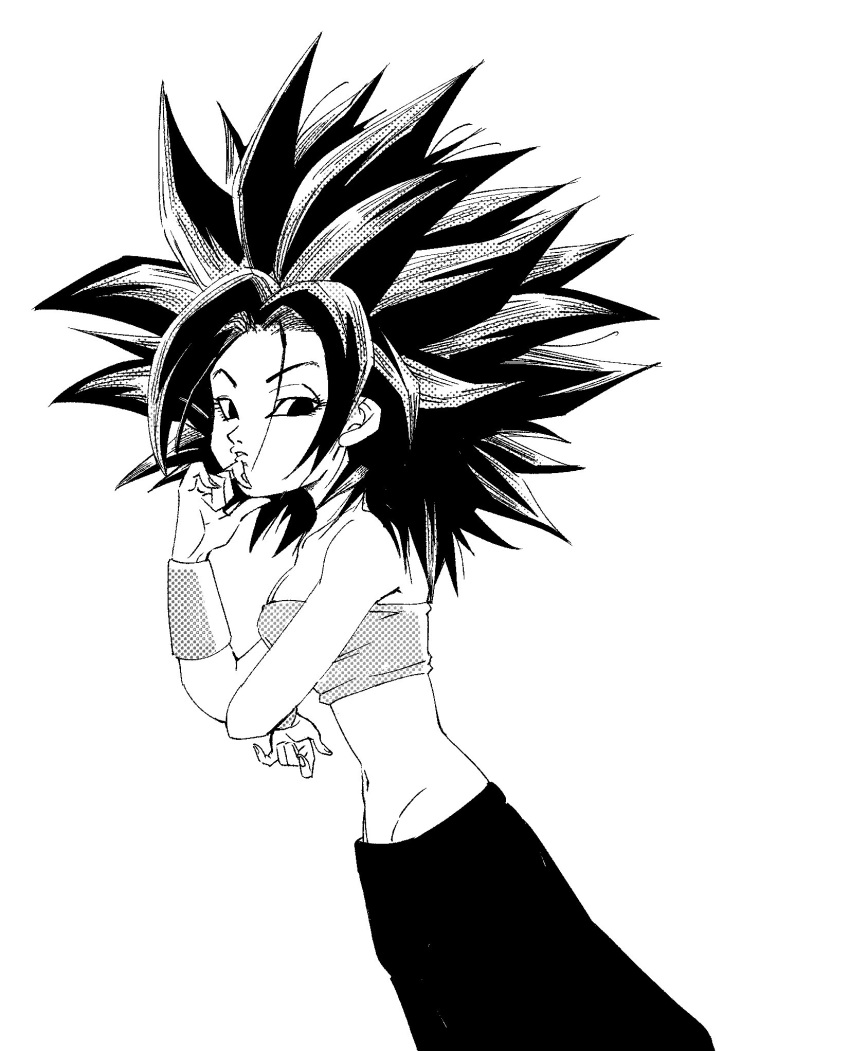 1girl breasts caulifla dragon_ball dragon_ball_super fenyon greyscale hand_on_own_chin highres looking_at_viewer midriff monochrome pants simple_background solo spiky_hair standing strapless tube_top white_background