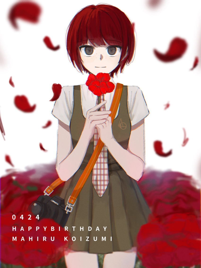 1girl 2h4o belt blunt_bangs blurry blurry_background bouquet breasts brown_eyes camera character_name closed_mouth commentary copyright_name cowboy_shot danganronpa_(series) danganronpa_2:_goodbye_despair dated depth_of_field dress dress_shirt english_text falling_petals field flower flower_field freckles green_belt green_dress hair_strand hands_on_own_cheeks hands_on_own_face happy_birthday highres holding holding_flower koizumi_mahiru light_smile looking_at_viewer necktie own_hands_together petals pinafore_dress plaid_necktie pleated_dress poppy_(flower) red_flower redhead ringed_eyes school_uniform shirt short_dress short_hair short_sleeves simple_background sleeveless sleeveless_dress small_breasts solo standing strap thigh_gap translated upturned_eyes very_short_hair w_arms white_background white_shirt
