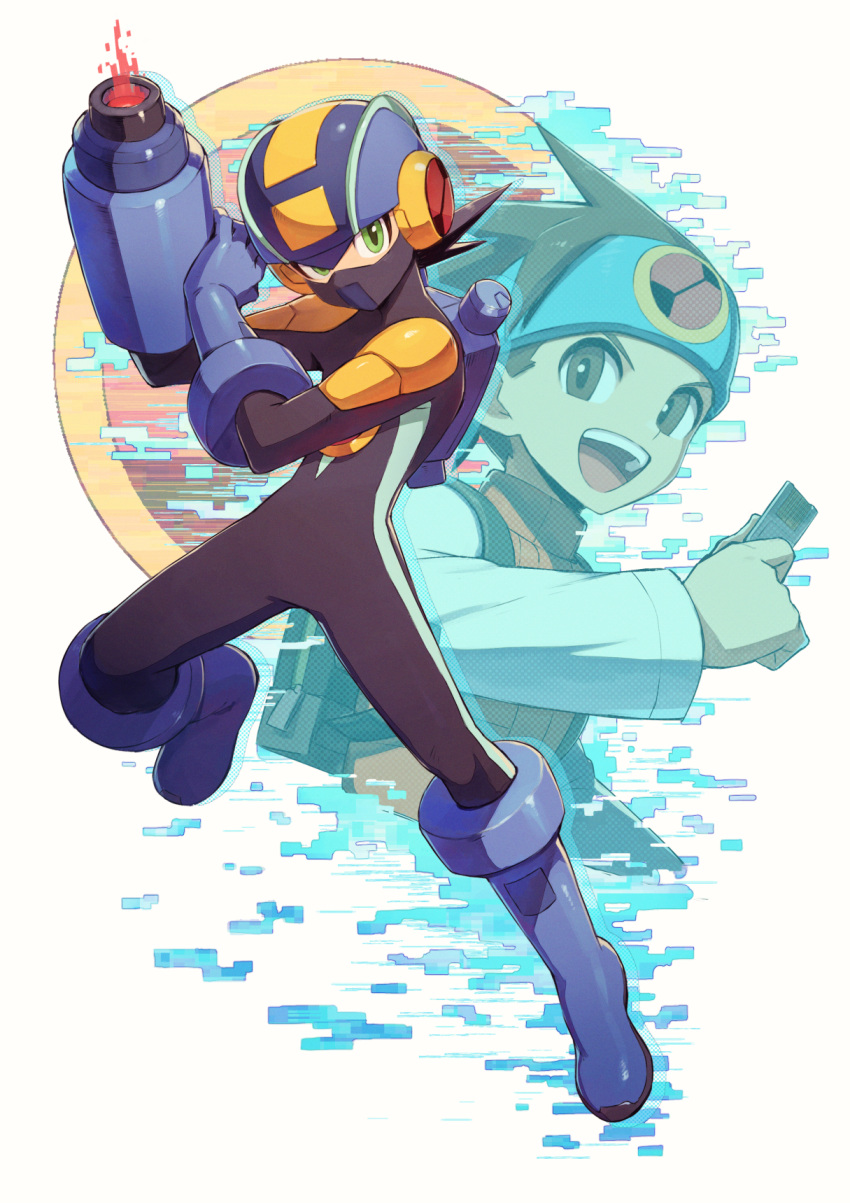 2boys arm_cannon blue_footwear blue_gloves blue_headband blue_headwear bodysuit boots brown_eyes brown_hair commentary_request covered_mouth cropped_torso full_body gloves green_eyes happy headband helmet highres holding kuroi_susumu lan_hikari_(mega_man) long_sleeves looking_at_viewer male_focus mask mega_man_(series) mega_man_battle_network megaman.exe mouth_mask multiple_boys open_mouth orange_vest shirt short_hair single_glove smile spiky_hair teeth upper_body upper_teeth_only vest weapon white_shirt