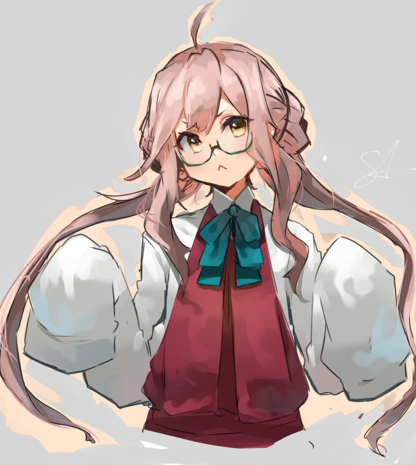 1girl :&lt; ahoge closed_mouth collared_shirt dress glasses grey_background highres kantai_collection long_hair looking_at_viewer makigumo_(kancolle) pink_hair pleated_dress purple_dress semi-rimless_eyewear shirt simple_background sleeves_past_fingers sleeves_past_wrists solo sunday_aki under-rim_eyewear upper_body white_shirt wide_sleeves yellow_eyes
