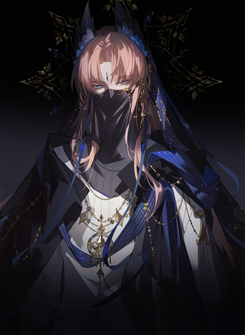 1boy absurdres adapted_costume arknights black_background black_cloak black_veil blue_eyes blue_ribbon cloak closed_mouth clothing_cutout earrings expressionless forehead_jewel from_side head_wings highres jewelry lieshang773 long_hair looking_at_viewer male_focus mouth_veil orange_hair parted_bangs passenger_(arknights) pendant profile ribbon shirt solo upper_body veil white_shirt wings