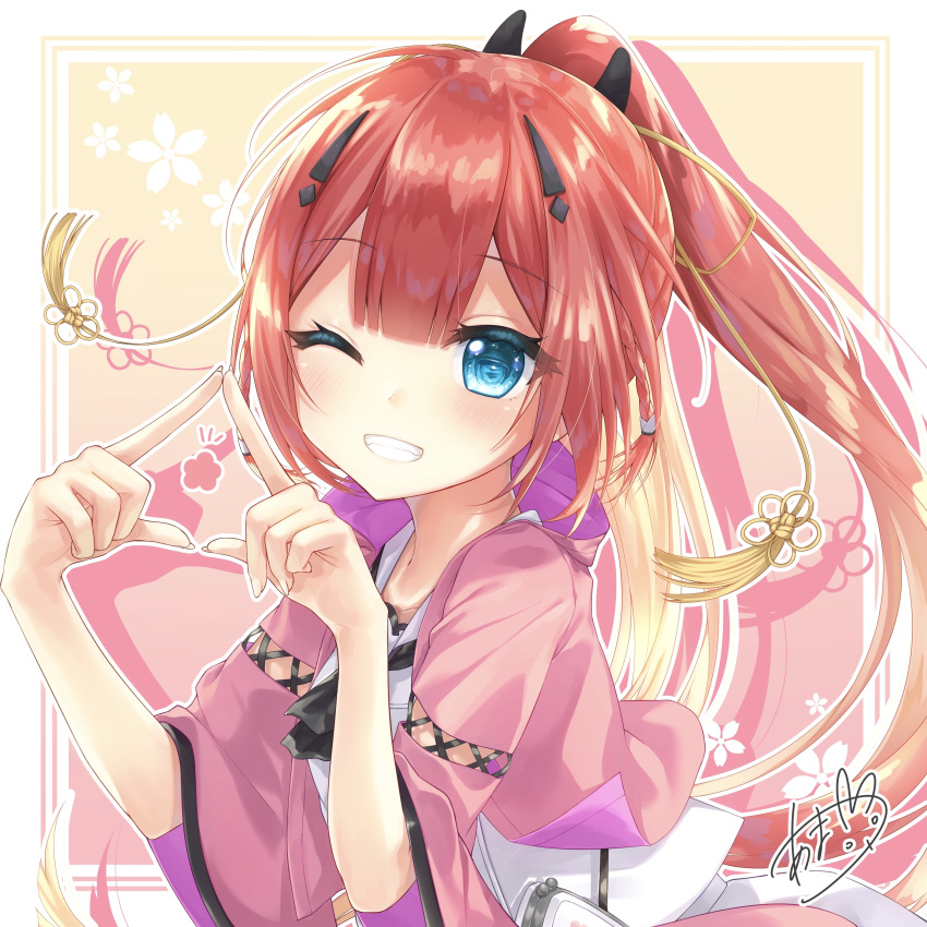 1girl absurdres amatsuji ascot blue_ascot blue_eyes blunt_bangs blush braid capelet commentary_request double-parted_bangs eyelashes eyes_visible_through_hair floral_background framed grin hair_ornament hairclip hands_up happy heart heart_hands highres kamiyama_shiki long_hair looking_at_viewer pink_background pink_capelet ponytail redhead school_uniform shirt signature simple_background single_braid smile solo summer_pockets tassel tassel_hair_ornament teeth upper_body very_long_hair white_shirt wings