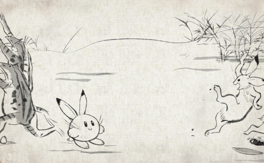 animal_focus arm_up arms_up closed_mouth commentary_request copy_ability falling fleeing frog full_body grass greyscale happy kirby kirby_(series) monochrome nade no_humans open_mouth outdoors outstretched_arms rabbit running scared sketch smile standing sumi-e