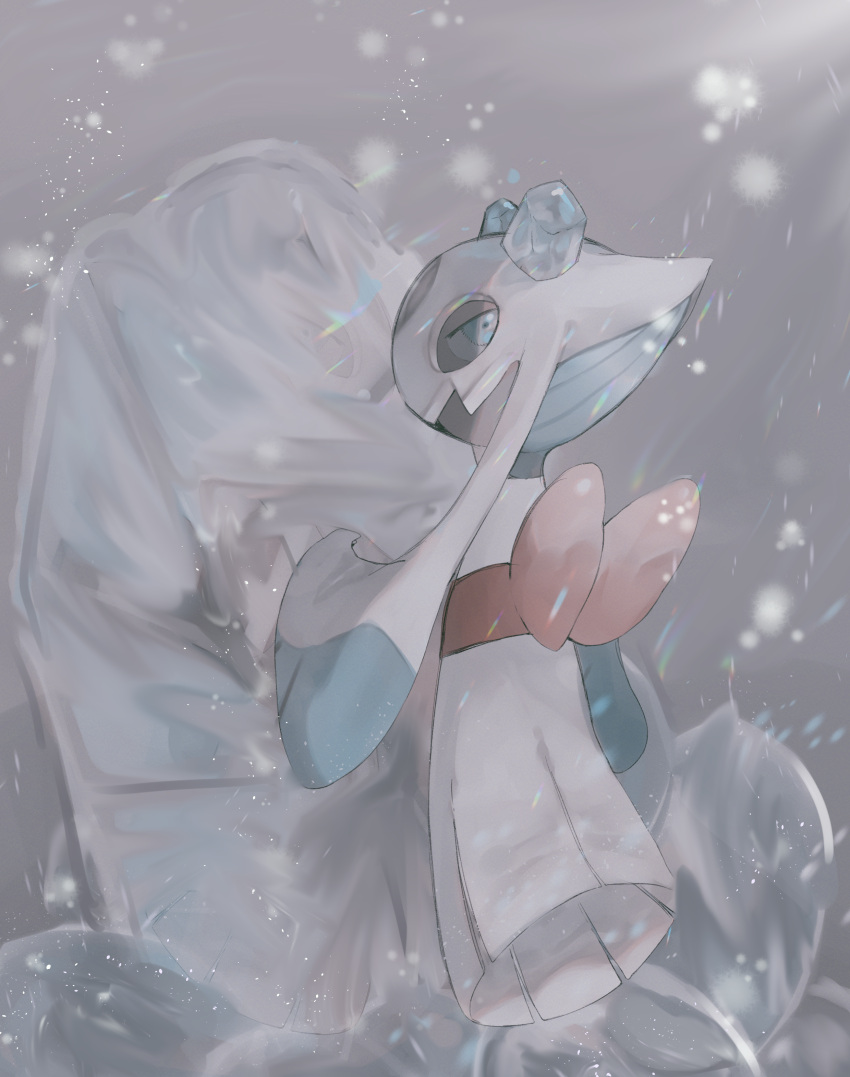 absurdres back_bow blue_eyes bow commentary_request floating from_behind froslass full_body grey_background hand_up highres ice light_rays looking_at_viewer looking_back muted_color no_humans ntmkn pokemon pokemon_(creature) red_bow reflection sash snowing solo