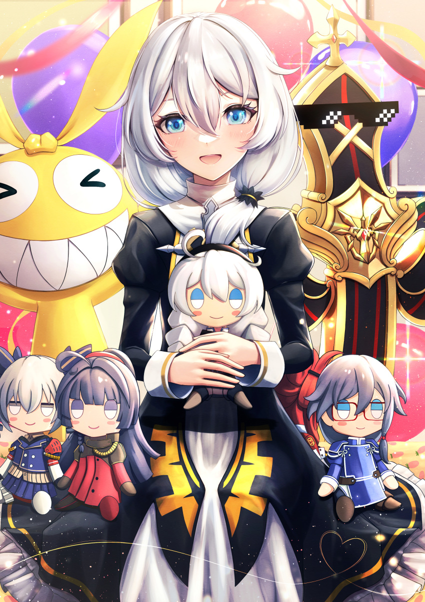 &gt;_&lt; 1girl :d absurdres balloon black_dress blue_eyes blue_jacket blue_skirt bronya_zaychik character_doll character_request commentary_request dead_angels deal_with_it_(meme) dress frilled_dress frills grey_hair grin hair_between_eyes hair_over_shoulder highres homu_(honkai_impact) honkai_(series) honkai_impact_3rd jacket juliet_sleeves long_hair long_sleeves meme own_hands_together pleated_skirt puffy_sleeves red_dress sharp_teeth skirt smile stuffed_animal stuffed_toy teeth theresa_apocalypse
