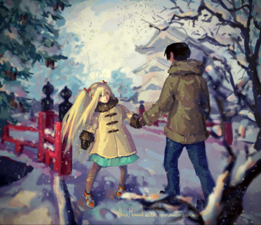 1boy 1girl aloismorgan architecture black_hair blonde_hair blue_eyes bob_cut bridge clouds coat east_asian_architecture english_commentary fence genshiken gloves good_end happy holding_hands long_hair madarame_harunobu otaku otaple pants realistic shoes size_difference skirt sneakers snow spoilers susanna_hopkins tree