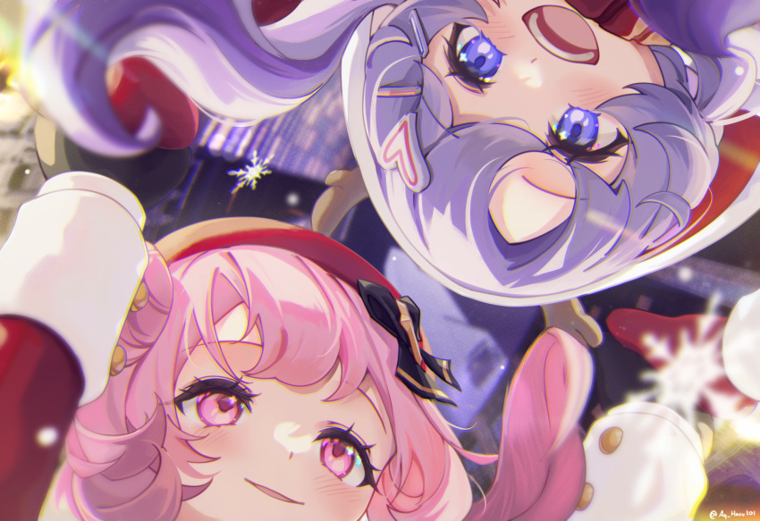 2girls blue_archive blurry blush close-up depth_of_field english_commentary facing_viewer hair_ornament hanae_(blue_archive) hanae_(christmas)_(blue_archive) heart heart_hair_ornament highres lazy_cat looking_at_another multiple_girls official_alternate_costume pink_hair purple_hair serina_(blue_archive) serina_(christmas)_(blue_archive) smile snowflakes teeth twitter_username upper_teeth_only upside-down violet_eyes