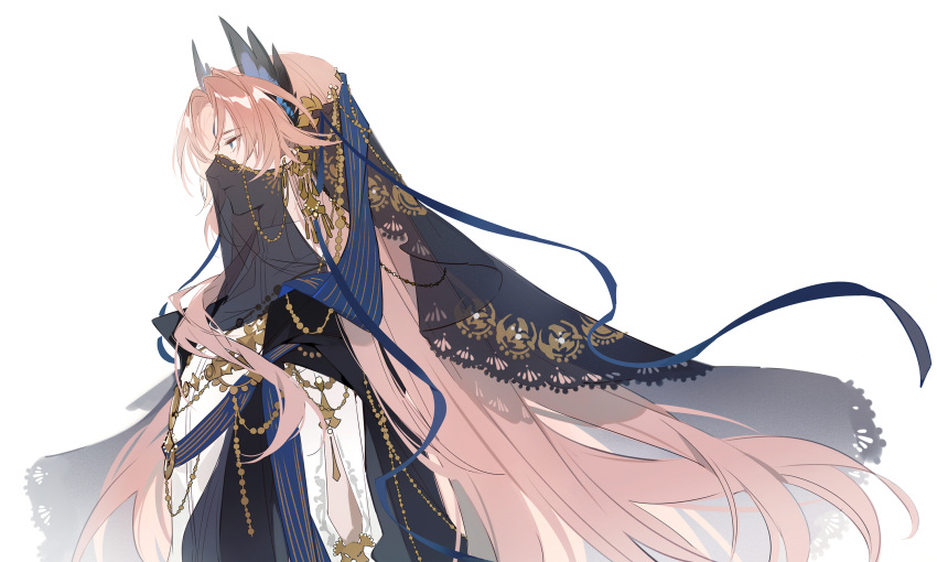 1boy adapted_costume arknights black_cloak black_veil blue_eyes blue_ribbon cloak closed_mouth clothing_cutout earrings expressionless forehead_jewel from_side head_wings highres jewelry lieshang773 long_hair looking_ahead male_focus mouth_veil orange_hair parted_bangs passenger_(arknights) profile ribbon shirt simple_background solo upper_body veil white_background white_shirt wings