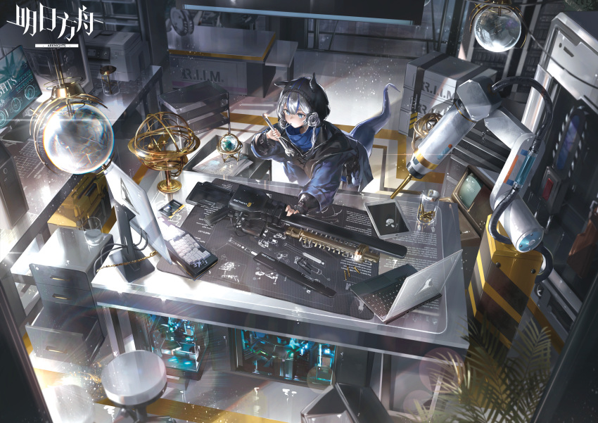 1girl absurdres adjustable_wrench arknights blue_eyes blue_hair blue_jacket box candy computer detached_hood food food_in_mouth from_above glaucus_(arknights) grey_hair gun highres holding holding_wrench hood hood_up indoors jacket keyboard_(computer) laptop lollipop monitor multicolored_hair scenery science_fiction slug_girl solo stool streaked_hair table weapon wrench zeklewa