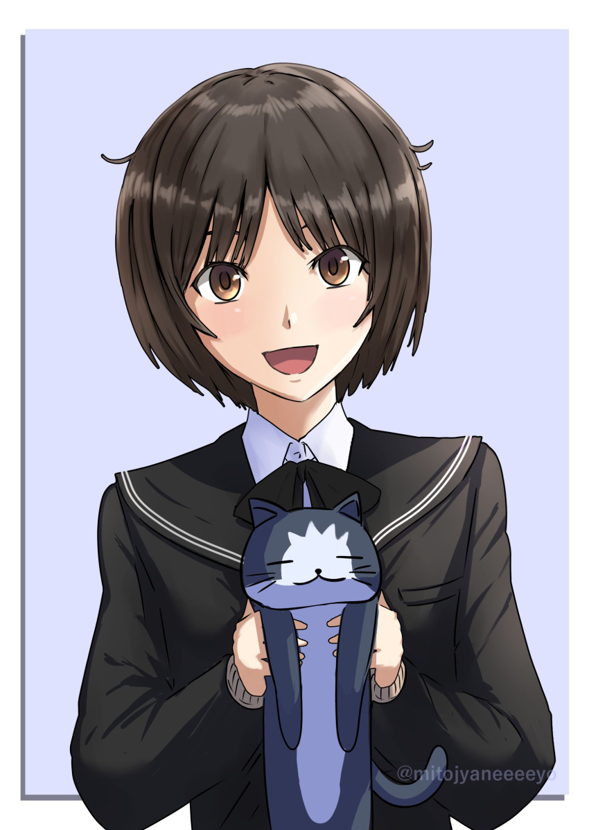 1girl :d absurdres amagami animal artist_name black_bow black_bowtie black_cat black_jacket black_sailor_collar blazer blue_background bow bowtie brown_eyes brown_hair brown_sweater cat closed_eyes commentary dress_shirt head_tilt highres holding holding_animal holding_cat jacket kibito_high_school_uniform light_blush long_sleeves looking_at_viewer messy_hair mitojyaneeeeyo open_mouth outside_border own_hands_together sailor_collar school_uniform shirt short_hair simple_background smile solo sweater tachibana_miya twitter_username upper_body w_arms white_cat white_shirt