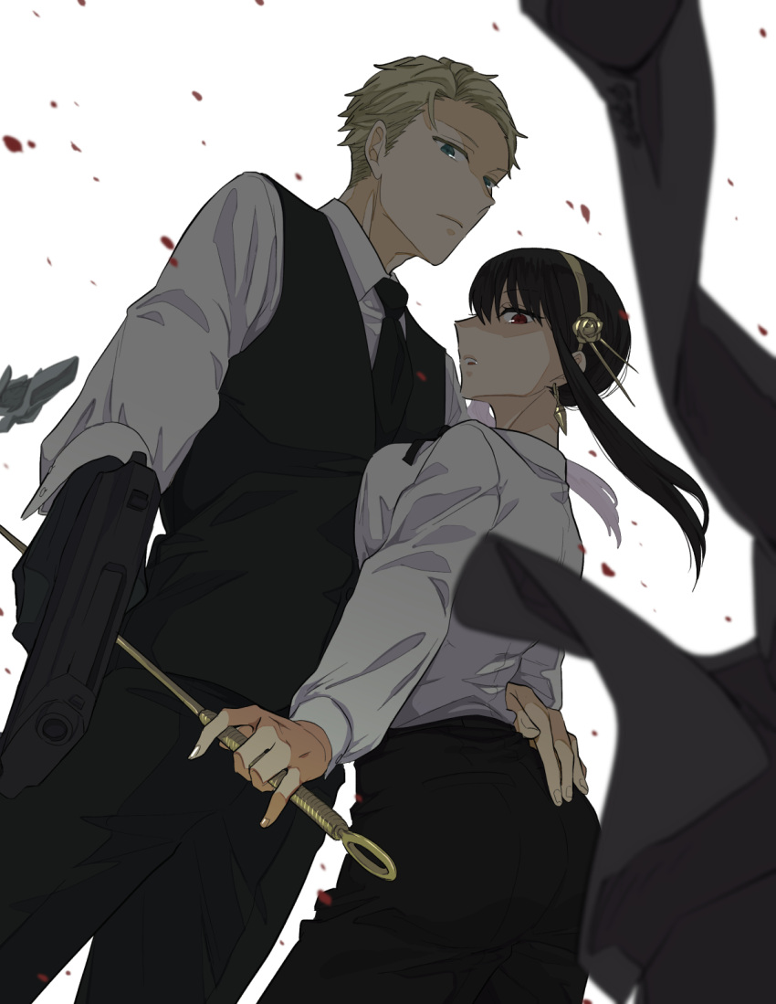 1boy 1girl black_hair breasts dagger earrings formal gold_earrings gold_hairband hair_ornament hairband highres holding holding_dagger holding_knife holding_weapon husband_and_wife jewelry knife long_hair long_sleeves shirt sidelocks simple_background spy_x_family stiletto_(weapon) suit sunbo_zatta twilight_(spy_x_family) weapon yor_briar