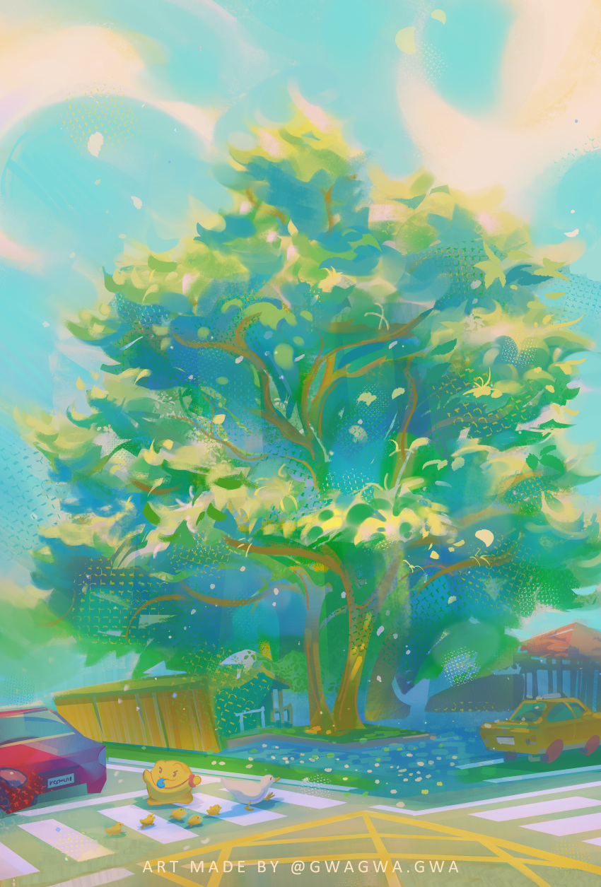 absurdres bird blue_sky car clip_studio_paint_(medium) clouds commission creature crosswalk day duck duckling fence gazebo giant_tree gwagwagwa highres motor_vehicle nature no_humans original outdoors park pixiv_username road scenery shadow sky taxi tree watermark wooden_fence