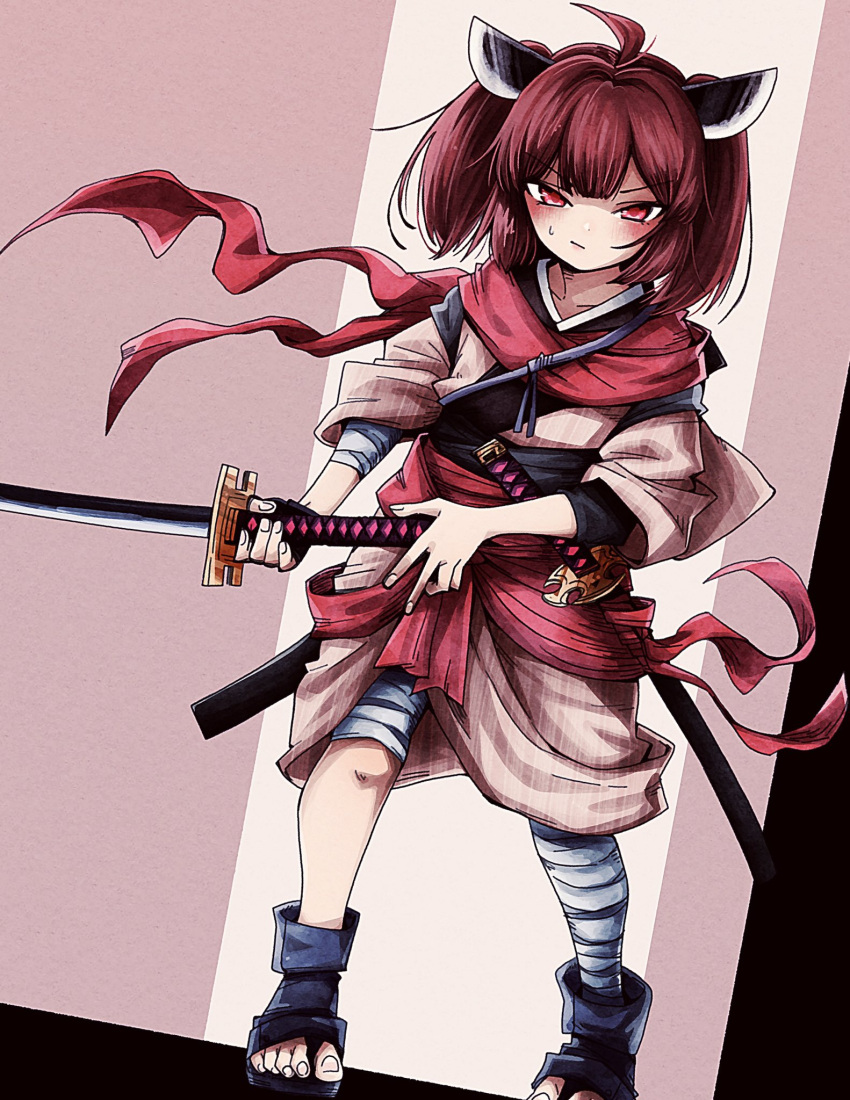 1girl :/ ahoge alternate_costume bandaged_arm bandaged_leg bandages black_footwear black_gloves black_undershirt blade blush closed_mouth commentary dutch_angle fingerless_gloves full_body glaring gloves headgear highres holding holding_sword holding_weapon japanese_clothes katana kimono looking_at_viewer natsu_tuna nervous obi pink_kimono red_sash red_scarf redhead sandals sash scarf sheath sheathed short_hair short_kimono single_fingerless_glove sleeves_rolled_up solo standing sweatdrop sword touhoku_kiritan tsurime twintails two-handed voiceroid weapon