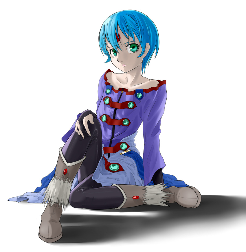 1girl aqua_hair bare_shoulders blue_hair boots bridal_gauntlets brown_footwear earrings facial_mark forehead_mark green_eyes highres jewelry knee_boots pantyhose ryss simple_background strapless zoids zoids_chaotic_century