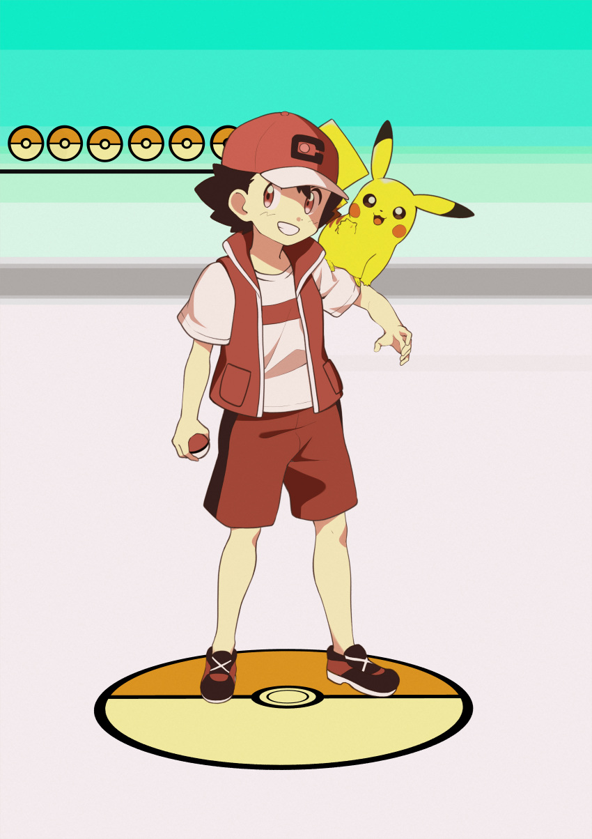 1boy absurdres alternate_color ash_ketchum black_hair commentary_request full_body grin hat highres holding holding_poke_ball jacket knees male_focus open_clothes open_jacket pikachu poke_ball poke_ball_(basic) poke_ball_symbol pokemon pokemon_(anime) pokemon_(creature) pokemon_journeys pokemon_on_arm shirt shoes short_hair short_sleeves shorts sleeveless sleeveless_jacket smile standing t-shirt tankobukids teeth