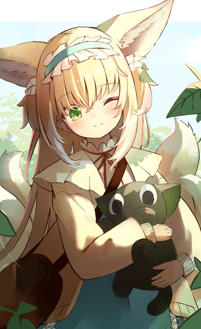 1girl absurdres animal animal_ear_fluff animal_ears arknights bag black_cat blonde_hair blue_hairband blue_skirt blush brown_bag cardigan cat closed_mouth commentary cross-laced_clothes cross-laced_skirt cross-laced_slit crossover fox_ears fox_girl fox_tail frilled_hairband frills green_eyes hair_ornament hair_scrunchie hairband high-waist_skirt highres holding holding_animal holding_cat kitsune kyuubi long_hair long_sleeves luo_xiaohei luo_xiaohei_zhanji multicolored_hair multiple_tails neck_ribbon official_alternate_costume one_eye_closed open_cardigan open_clothes outdoors puffy_long_sleeves puffy_sleeves red_ribbon ribbon round_bag scrunchie seijiikeuchi shirt shoulder_bag skirt sleeve_cuffs smile solo suzuran_(arknights) suzuran_(spring_praise)_(arknights) tail two-tone_hair upper_body white_hair white_shirt yellow_cardigan