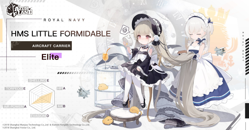 2girls aircraft artist_request azur_lane bonnet brushing_hair character_name copyright_name cup dress drinking_glass drinking_straw english_commentary english_text flight_deck highres holding_alarm_clock little_bel_(azur_lane) little_formidable_(azur_lane) logo long_hair maid manjuu_(azur_lane) multiple_girls official_art promotional_art royal_navy_emblem_(azur_lane) turret twintails very_long_hair