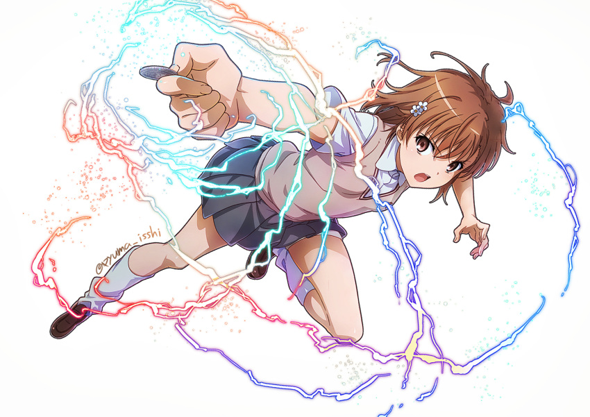 1girl black_skirt brown_eyes brown_footwear brown_hair brown_sweater_vest coin collared_shirt commentary_request electricity electrokinesis fighting_stance full_body hair_ornament hairpin holding holding_coin isshi_pyuma kneehighs misaka_mikoto open_mouth outstretched_arm pleated_skirt school_uniform shirt short_hair short_sleeves skirt socks solo summer_uniform sweater_vest toaru_kagaku_no_railgun toaru_majutsu_no_index tokiwadai_school_uniform white_shirt white_socks