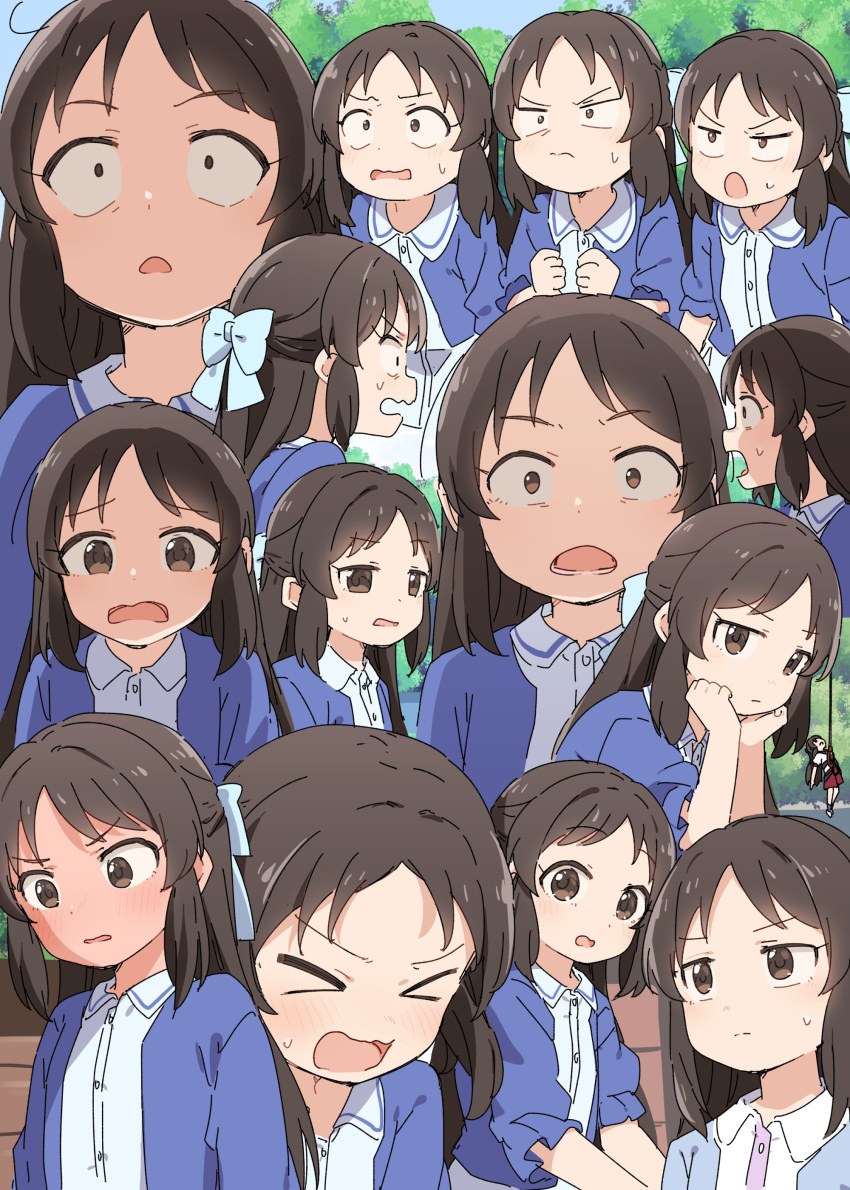 &gt;_&lt; 1girl absurdres blue_jacket blush bow brown_hair clenched_hands collage expressions hair_bow half_updo hands_on_own_cheeks hands_on_own_face hanged head_rest highres idolmaster idolmaster_cinderella_girls idolmaster_cinderella_girls_u149 jacket long_hair looking_at_viewer multiple_views sweatdrop tachibana_arisu v-shaped_eyebrows very_long_hair wide-eyed yukie_(kusaka_shi)