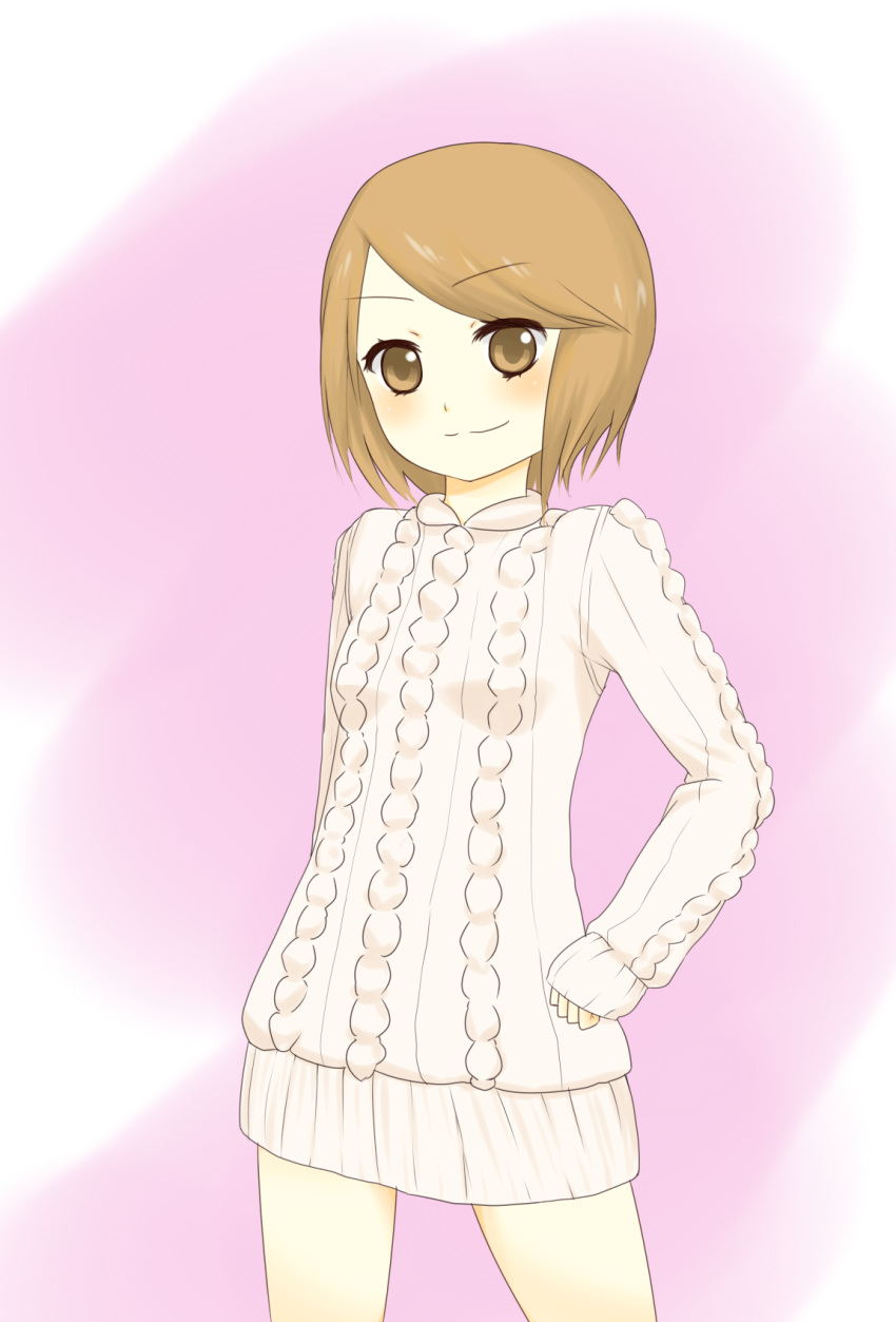 1girl aran_sweater breasts brown_eyes brown_hair cable_knit child closed_mouth commentary_request dress feet_out_of_frame female_child hand_on_own_hip highres i.u.y kinuhata_saiai light_blush long_sleeves looking_at_viewer pink_background short_dress short_hair small_breasts smile solo sweater sweater_dress thighs toaru_majutsu_no_index white_dress white_sweater