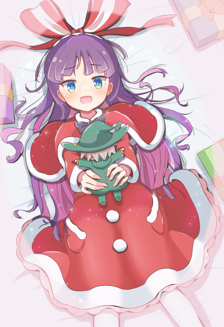 1boy 1girl blue_eyes blush bow character_doll doll feli_(puyopuyo) green_headwear hat highres holding holding_doll jazz_grace lemres_(puyopuyo) long_hair looking_at_viewer open_mouth puyopuyo puyopuyo_quest red_bow santa_costume violet_eyes wizard_hat