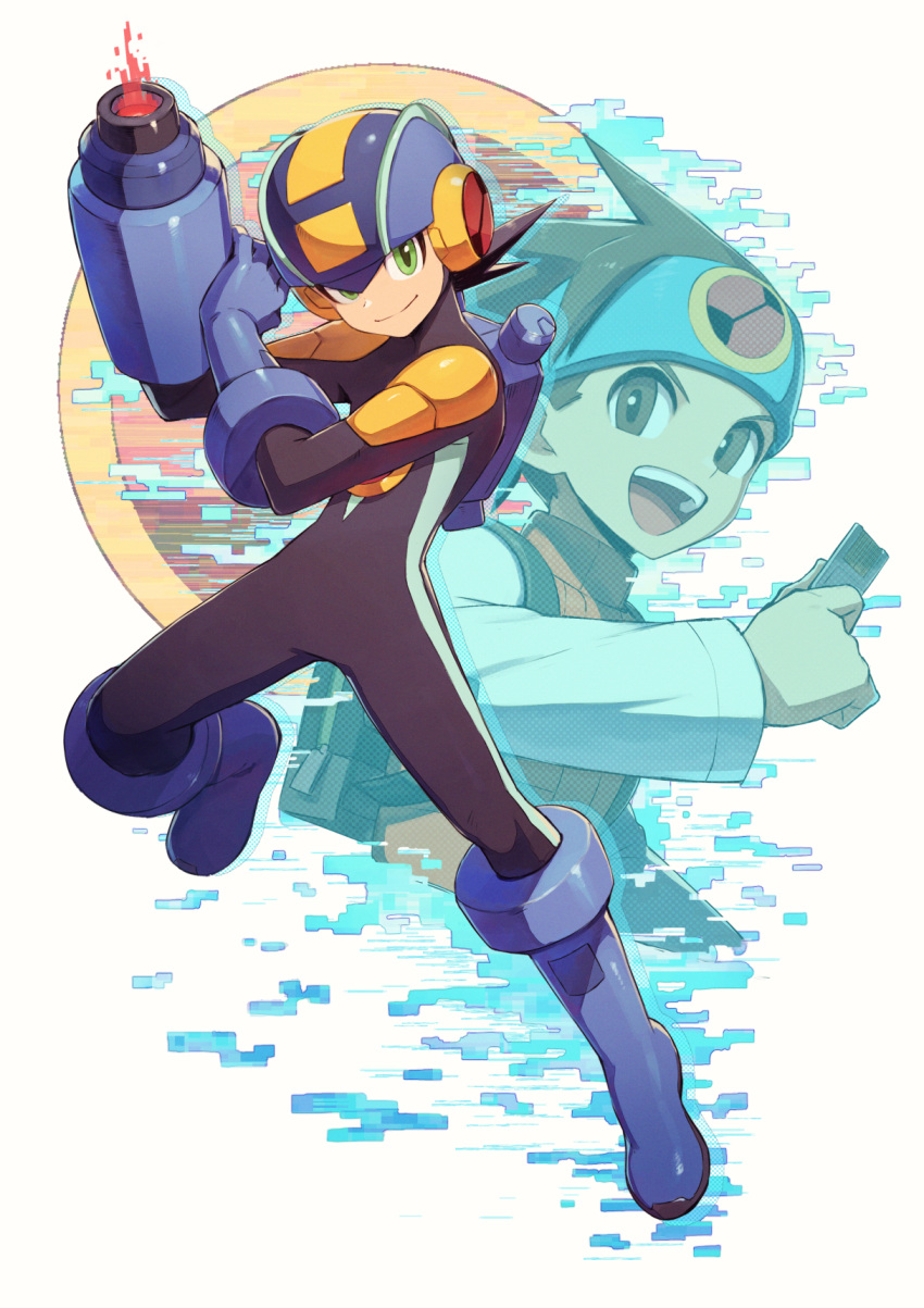 2boys arm_cannon blue_footwear blue_gloves blue_headband blue_headwear bodysuit boots brown_eyes brown_hair closed_mouth commentary_request cropped_torso full_body gloves green_eyes happy headband helmet highres holding kuroi_susumu lan_hikari_(mega_man) long_sleeves looking_at_viewer male_focus mega_man_(series) mega_man_battle_network megaman.exe multiple_boys open_mouth orange_vest shirt short_hair single_glove smile spiky_hair teeth upper_body upper_teeth_only vest weapon white_shirt