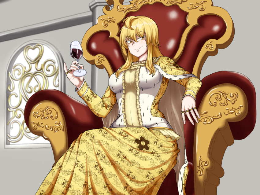 1girl alcohol blonde_hair breasts brown_eyes cape commission crossed_legs cup dress drinking_glass furrowed_brow gem highres indoors isabeau_de_baviere_(madoka_magica) jewelry large_breasts long_dress long_hair long_sleeves magia_record:_mahou_shoujo_madoka_magica_gaiden mahou_shoujo_madoka_magica mahou_shoujo_tart_magica messy_hair monicubase multiple_rings muscular muscular_female necklace pinky_out pixiv_commission queen red_wine ring royal_robe sidelocks sitting smirk tall_female throne wavy_hair wide_hips wine wine_glass