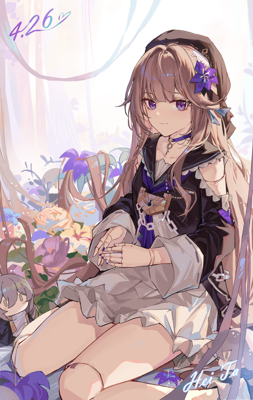 1girl absurdres bare_legs brown_hair character_name choker closed_mouth dated doll_joints dress female_trailblazer_(honkai:_star_rail) flower hair_flower hair_ornament herta_(honkai:_star_rail) highres honkai:_star_rail honkai_(series) jewelry joints key_necklace light_smile long_hair long_sleeves looking_at_viewer necklace off_shoulder purple_choker sitting smile solo stuffed_toy thighs trailblazer_(honkai:_star_rail) violet_eyes wariza wide_sleeves yajuu