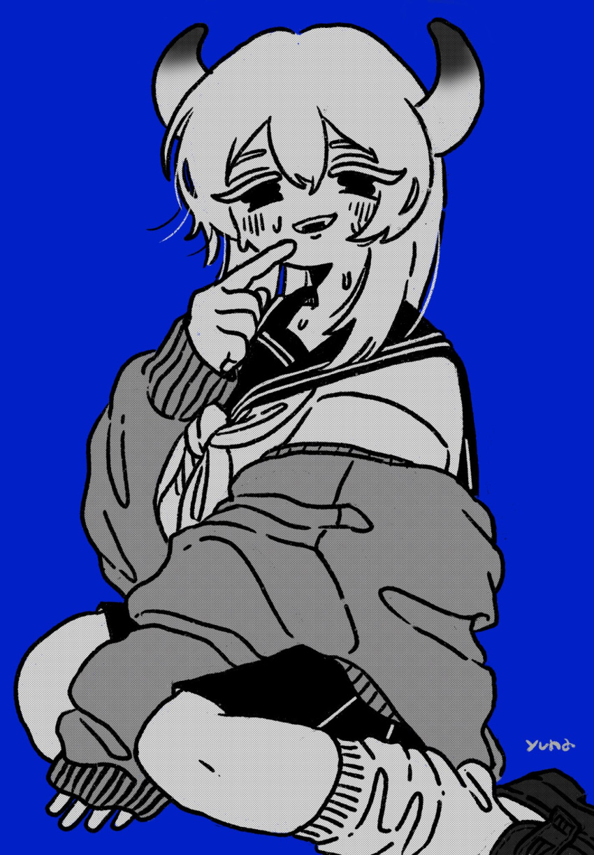 1girl arm_between_legs artist_name blue_background blush cardigan cardigan_partially_removed fangs finger_to_own_chin greyscale half-closed_eyes halftone highres horns isei_ni_ikou_ne_(cevio) loafers long_eyelashes long_hair looking_at_viewer loose_socks monochrome neckerchief open_cardigan open_clothes open_mouth pleated_skirt school_uniform serafuku shoes simple_background sitting skirt sleeves_past_wrists smirk socks solo spot_color sweat tareme wariza yuna_(the_boon_109)