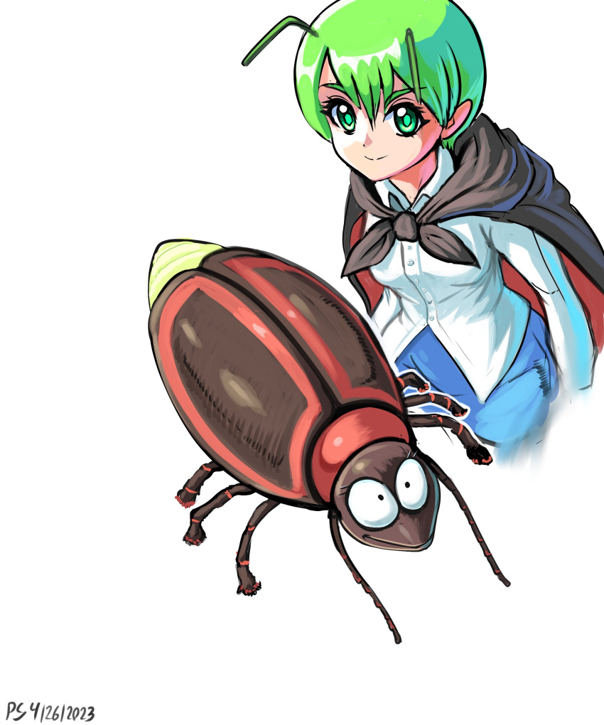 1girl absurdres black_cape cape closed_mouth collared_shirt commentary dated english_commentary green_eyes green_hair highres multiple_views profitshame shirt short_hair signature simple_background smile touhou white_background white_shirt wriggle_nightbug wriggle_nightbug_(bug)