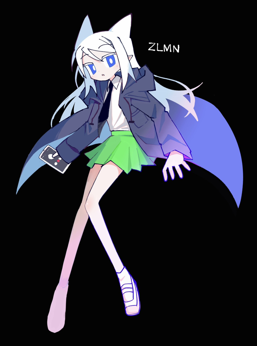 1girl acronym black_background black_necktie blue_coat blue_eyes bright_pupils cellphone coat collared_shirt colored_eyelashes commentary copyright_name expressionless floating_hair full_body green_skirt highres holding holding_phone hooded_coat long_legs long_sleeves looking_at_viewer miniskirt moshimo_moshiko necktie odayaka open_clothes open_coat open_mouth phone pleated_skirt pointy_ears raised_eyebrows school_uniform shirt shirt_tucked_in simple_background skirt smartphone solo white_hair white_pupils white_shirt zelmoni