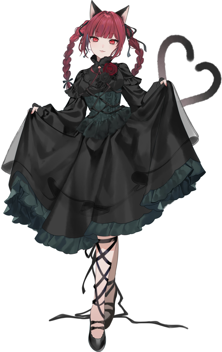 1girl :3 absurdres animal_ears black_dress black_flower black_footwear black_ribbon black_rose braid cat_ears cat_girl cat_tail closed_mouth corset daimaou_ruaeru dress flower frilled_corset frilled_dress frills full_body hair_ribbon heart heart_tail highres kaenbyou_rin leg_ribbon long_hair long_sleeves looking_at_viewer multiple_tails red_eyes red_flower red_rose ribbon rose shoes simple_background skirt_hold smile solo tail touhou twin_braids two_tails white_background