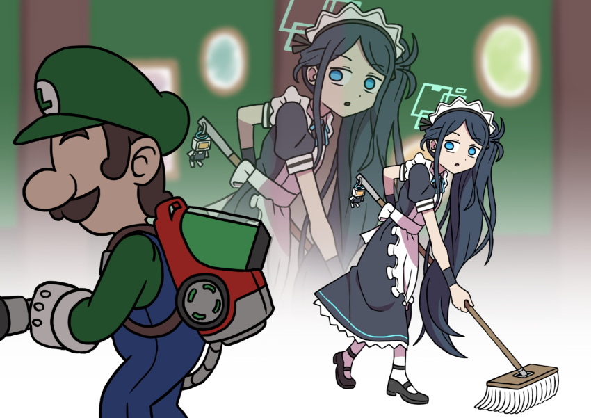 &lt;key&gt;_(blue_archive) 1boy 1girl absurdly_long_hair alternate_costume apron aris_(blue_archive) aris_(maid)_(blue_archive) backpack bag black_footwear black_hair blue_archive blue_bow blue_bowtie blue_eyes blue_overalls bow bowtie commentary_request crossover enmaided facial_hair forehead from_side full_body gloves green_shirt halo hat highres holding holding_mop leaning_forward long_hair looking_at_another looking_to_the_side luigi luigi's_mansion luigi's_mansion_3 maid maid_apron maid_headdress mary_janes mop mustache overalls pantyhose parted_bangs parted_lips peaked_cap poltergust_3000 shirt shoes short_sleeves side_ponytail sidelocks vacuum_cleaner very_long_hair walking washin white_gloves white_pantyhose zoom_layer