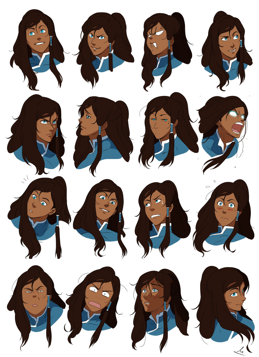 1girl absurdres anger_vein angry avatar_legends blue_eyes blush brown_hair commentary crying crying_with_eyes_open dark-skinned_female dark_skin english_commentary flying_sweatdrops glowing glowing_eyes highres korra mastrocecchi multiple_views open_mouth simple_background smile smirk sweatdrop tears teeth the_legend_of_korra tongue watermark white_background