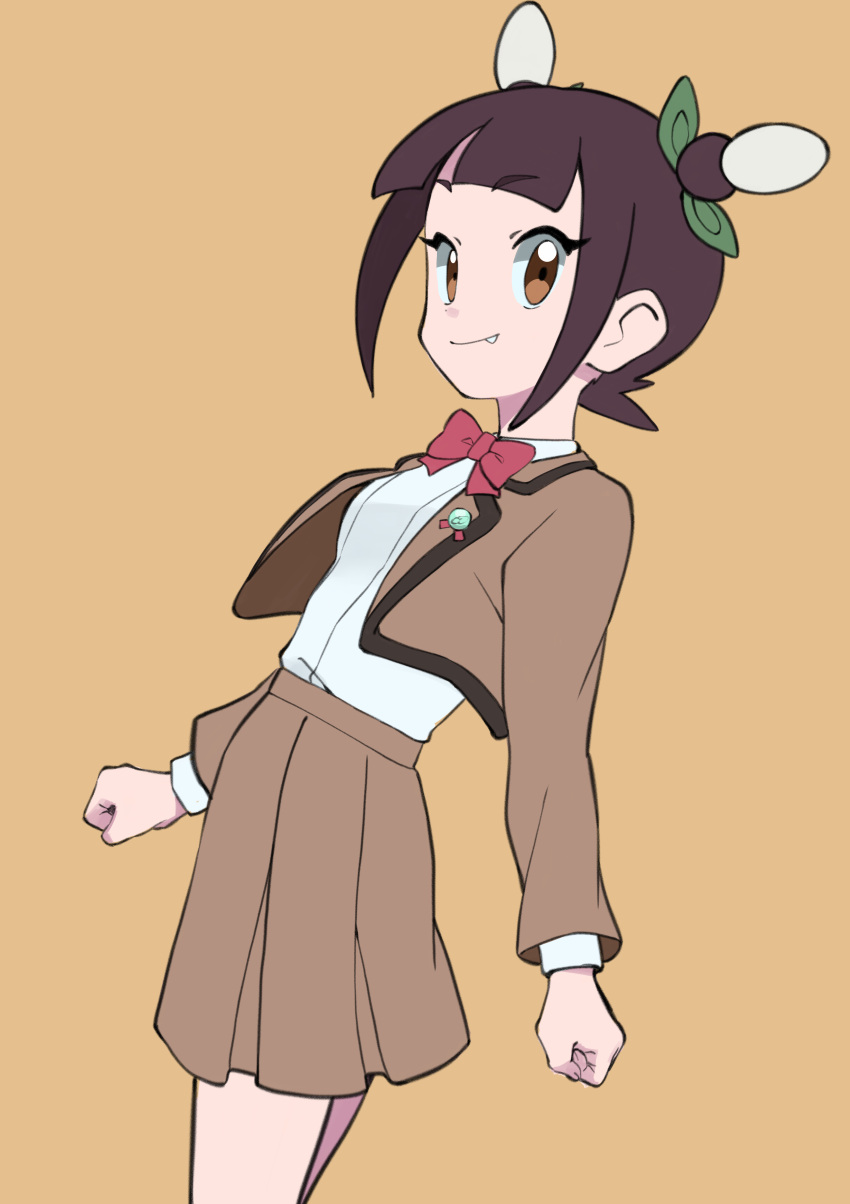 1girl absurdres ann_(pokemon) blunt_bangs bow bowtie brown_eyes brown_hair brown_jacket brown_skirt clenched_hands closed_mouth commentary_request eyelashes fang fang_out green_ribbon hair_ribbon highres jacket long_sleeves looking_at_viewer looking_to_the_side open_clothes open_jacket pleated_skirt pokemon pokemon_(anime) pokemon_horizons red_bow red_bowtie ribbon school_uniform shirt skirt smile solo tankobukids two_side_up white_shirt yellow_background
