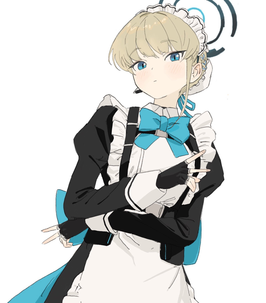 1girl apron black_dress black_gloves blonde_hair blue_archive blue_bow blue_bowtie blue_eyes blue_hair blue_ribbon blush bow bowtie braid bun_cover chest_harness closed_mouth commentary_request cowboy_shot crossed_arms double_v dress earpiece fingerless_gloves french_braid frilled_apron frills gloves gomibako_(gomibako_price) hair_bun hair_ribbon halo harness highres juliet_sleeves long_sleeves looking_at_viewer maid maid_headdress microphone multicolored_hair puffy_sleeves raised_eyebrows ribbon short_hair simple_background single_hair_bun sleeve_cuffs solo streaked_hair toki_(blue_archive) v waist_bow white_apron white_background
