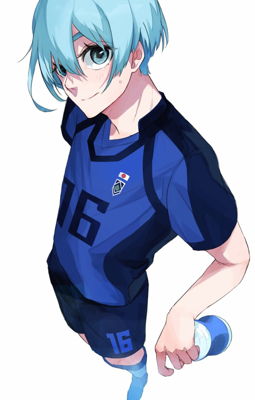 1boy blue_eyes blue_hair blue_lock blue_shirt blue_shorts bottle closed_mouth full_body highres holding l_z8h looking_at_viewer male_focus shirt shoes short_hair short_sleeves shorts simple_background smile soccer_uniform socks solo sportswear standing water_bottle white_background you_hiori