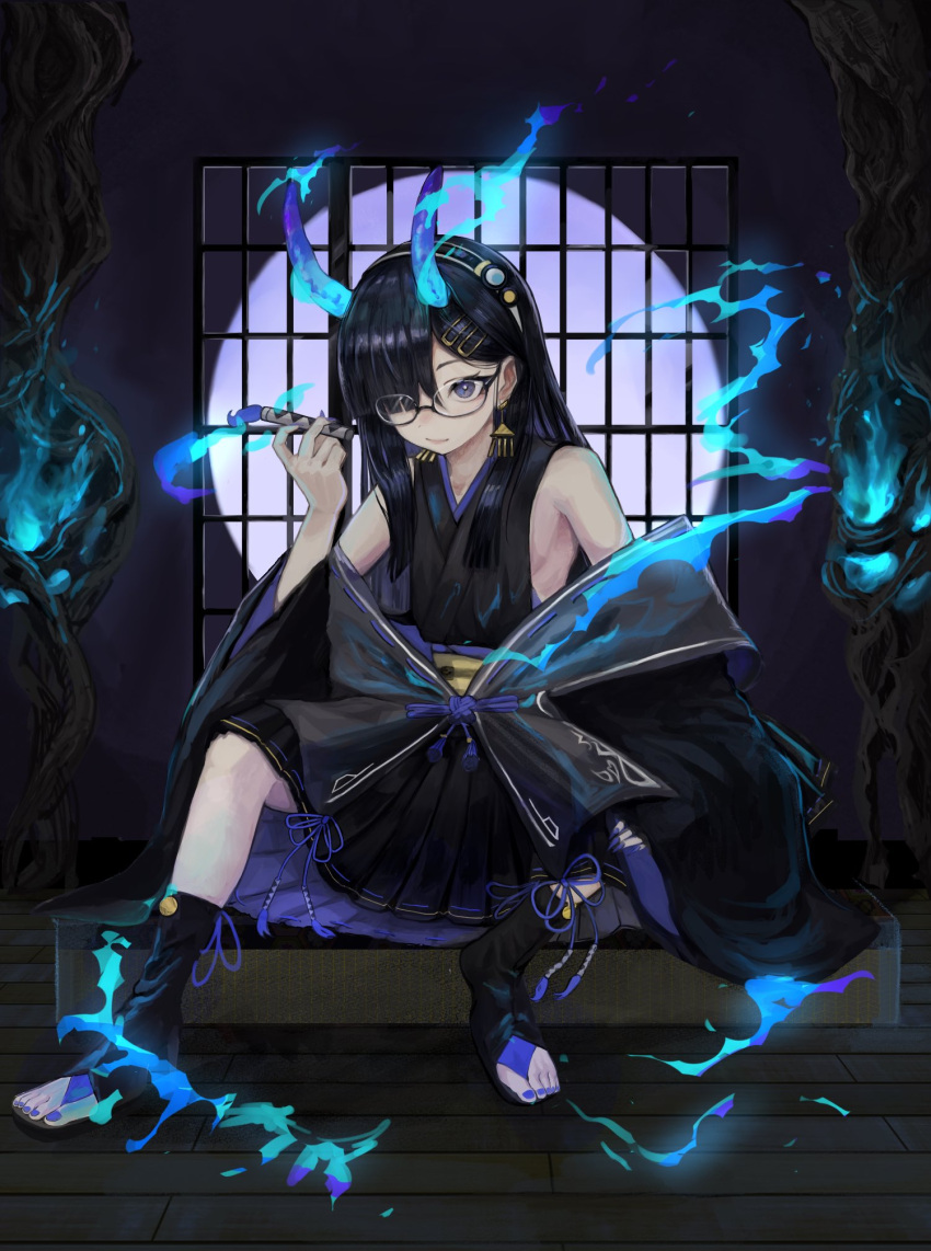1girl black_eyes black_hair blue_horns blue_nails borrowed_character commission dekeda_maru earrings glasses glowing hair_ornament hair_over_one_eye hairband hairclip highres horns indoors japanese_clothes jewelry long_hair magic off_shoulder original sitting skeb_commission solo wooden_floor