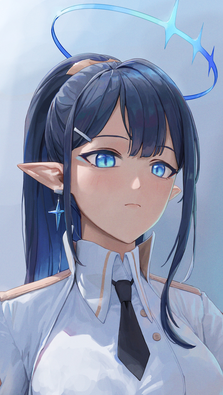1girl black_hair black_necktie blue_archive blue_eyes blue_hair blue_halo closed_mouth coat collared_dress colored_inner_hair dress earrings halo highres jewelry long_hair looking_at_viewer multicolored_hair naxile necktie no_eyewear pointy_ears ponytail rin_(blue_archive) solo upper_body white_coat