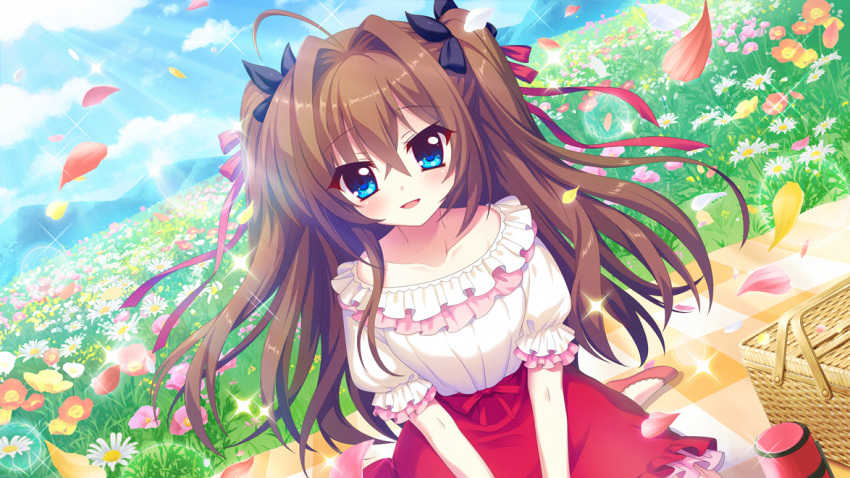 1girl black_bow blanket blue_eyes blue_sky bow brown_hair clouds collar collarbone daisy day dot_nose dutch_angle film_grain flower flower_request frilled_collar frilled_shirt frilled_sleeves frills game_cg grass hair_bow hands_on_lap izumi_tsubasu lens_flare looking_at_viewer mountainous_horizon non-web_source official_art on_ground open_mouth petals picnic picnic_basket pink_shirt re:stage! red_footwear red_skirt shikimiya_aone shirt shoes short_sleeves sile sitting skirt sky solo sparkle sunlight thermos two_side_up wariza wind
