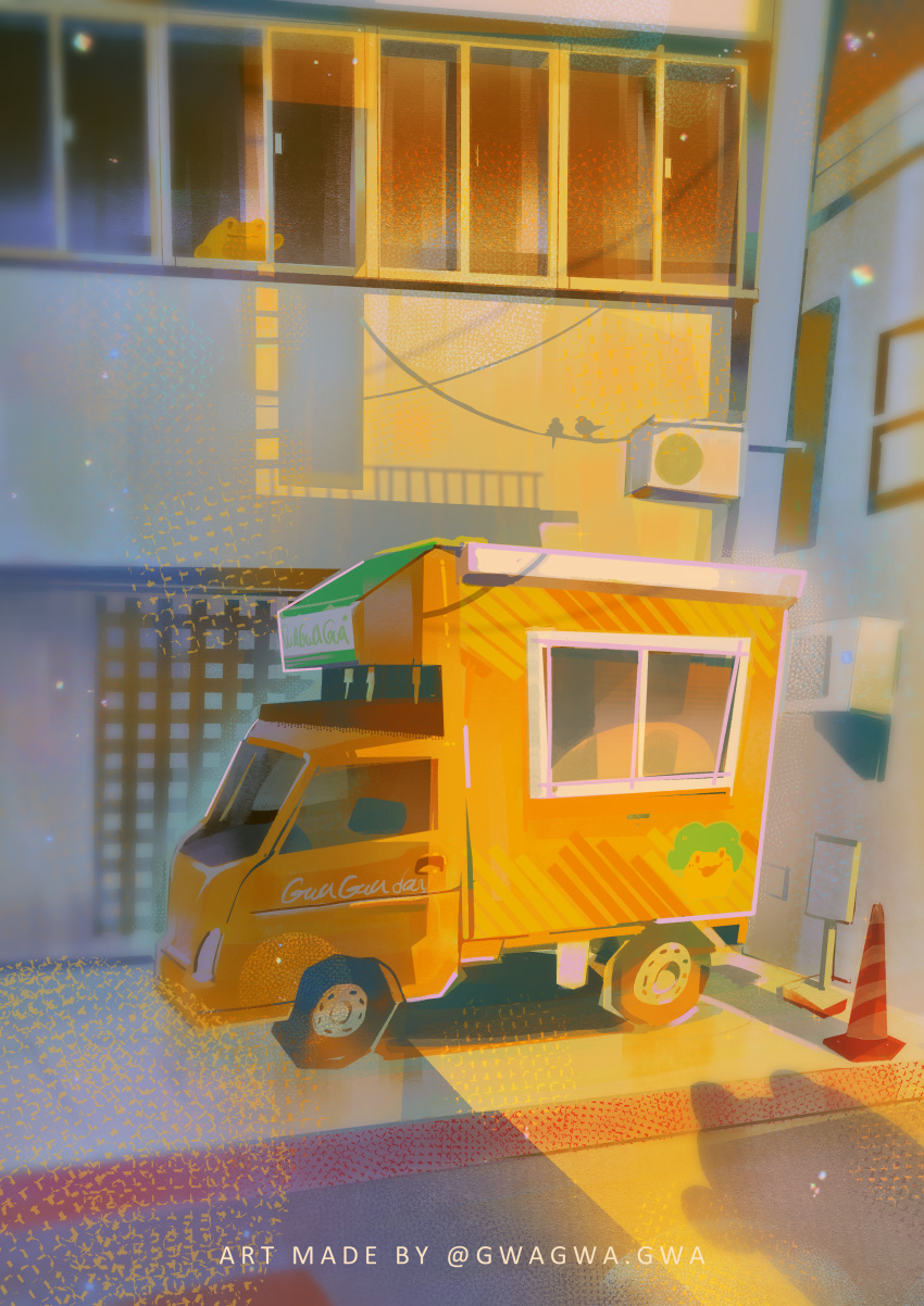 absurdres air_conditioner building clip_studio_paint_(medium) commentary_request creature food_truck gwagwagwa highres no_humans original outdoors photo-referenced pixiv_username road scenery shadow sign street traffic_cone watermark window