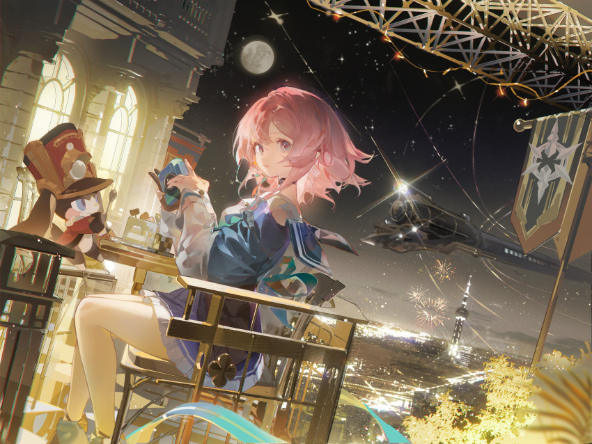 1girl absurdres archery_shooting_glove astral_express_(honkai:_star_rail) banner black_choker blue_footwear blue_jacket blue_ribbon blue_skirt building cake camera chair choker christmas_lights commentary_request creature dutch_angle feet_out_of_frame fireworks food frilled_skirt frills from_side full_moon highres holding holding_camera honkai:_star_rail honkai_(series) jacket long_sleeves looking_at_viewer march_7th_(honkai:_star_rail) medium_hair moon night night_sky open_mouth outdoors pink_hair ribbon ruoganzhao sitting skirt sky smile solo sparkle table tower violet_eyes window